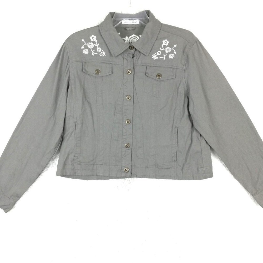 Keren Hart Womens Jacket Crop Lightweight Embroidered Floral Gray Button Up XL